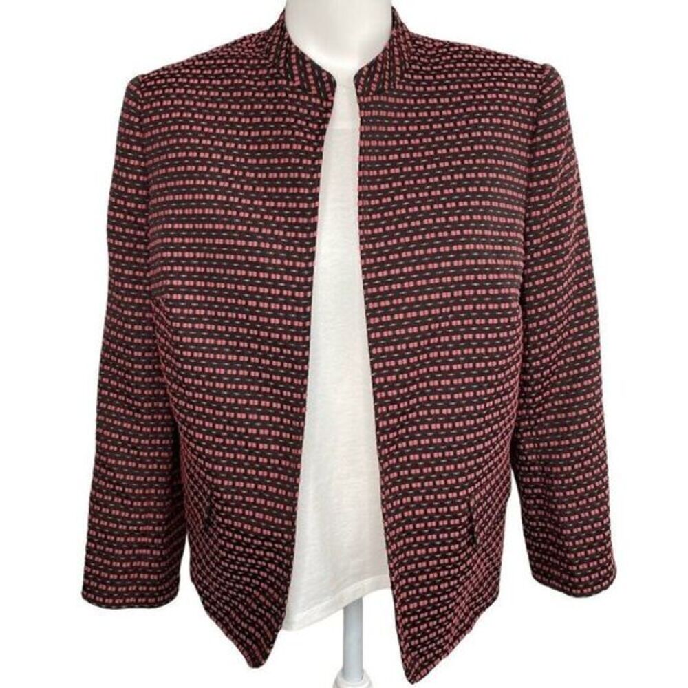Anne Klein Seersucker Blazer Women's 14 LARGE Red Black‎ Open-Front Mandarin NEW